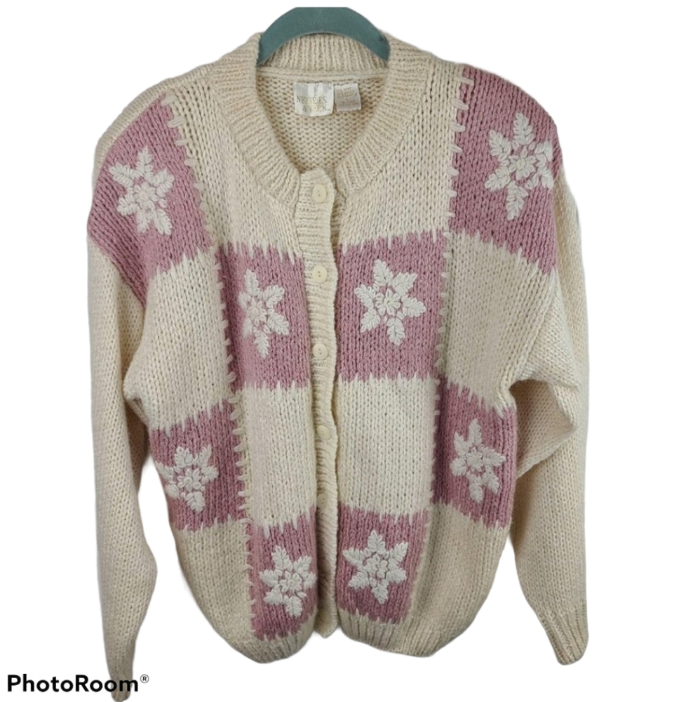 Vintage Needles & Yarn Pink & Ivory Cardigan Women's Large Button Down Chunky
